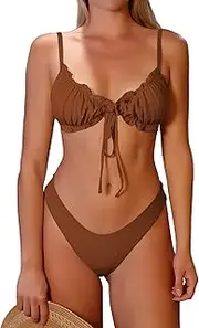 [ZAFUL] Women's Triangle Bikini Floral Ruffles Bow Tie Up Bikini Set Two Piece Swimsuit