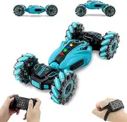 LZV RC Stunt Car, 2.4GHz Remote Control Gesture Sensor Toy Cars, Double Sided Rotating Off Road Vehicle 360° Flips with Cool Lights, Spray， Music，for Boys and Girl 8-12 Year Old（Blue）
