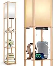 OUTON Floor Lamp with Shelves, LED Column Modern Floor Lamp with USB & Type C Port, 3 Color Temperature, Wooden Standing Lamp with White Linen Shade for Living Room, Bedroom, Office (Wood)