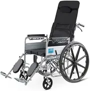 Wheelchair High Back Reclining Wheelchair Commode W/Handbrakes Lightweight Folding Manual Wheelchair W/Elevating Leg Rests Transport Chair Mobility Aid for Adults Driving Trolley