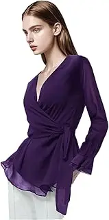 [Generic] Women Long Sleeve V-Neck Chiffon Top Slim Asymmetrical Spliced Casual Shirt