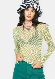 [Daisy Street] Amelia Long Sleeve Mesh Checkered Crop Top
