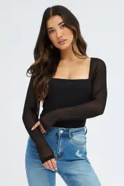 Black Bodysuit Long Sleeve Square Neck Mesh Lined - Size XXS, Women's Bodysuit