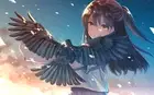 Anime girls black hair dark yellow eyes sky clouds crow Playmat Game Mat Desk