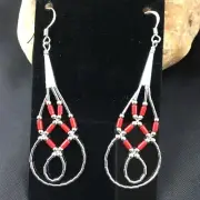 Native Red Coral Tube Heishi Dangle Liquid Sterling Silver Earrings 2" 03104