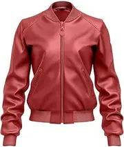 [Lynxum] Women’s Maroon Genuine Sheepskin Stylish Soft Rib Knit Baseball Collar Winter Sporty Outerwear Zip-up Bomber Leather Jacket, Maroon, One Size