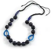 [Avalaya] Signature Wood, Ceramic, Acrylic Bead Black Cord Necklace (Dark Blue) - 72cm L (Adjustable), One Size, Ceramic cords Plastic Wood