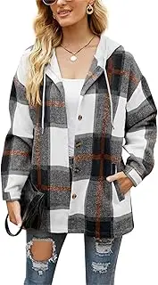 [YXVVMQ] Womens Plaid Button Down Shirts Wool Blend Plaid Hooded Shacket Flannel Jacket Long Sleeve Blouse Tops Hoodie