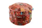Indian Patchwork Orange Poufcover Bean Bag Ottoman Ethnic Round Foot Stool Cover