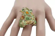 Women Gold Metal Peacock Bridal Fashion Ring Green Feather Stretch Band Wedding