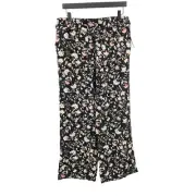 Old Navy Women Size Large Pants Wide Leg Palazzo Belted Black Pink Floral Rayon