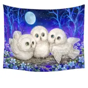 Blue Purple Moonlight Forest Owl Triplets Tapestry