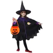 Kids Girls Witch Cosplay Cape+hat/pumpkin Bag Halloween Party Outfit Set Gifts - 140Cm