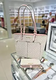 Michael Kors MD Double Pocket Tote Bag Handbag + Double Zip Wallet Mk Signature