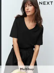 Black Cotton Modal Slouch V-Neck T-Shirt (E59952) | $19