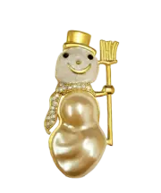 Kenneth Jay Lane, Snowman Pin, Gold/Rhinestone with 40mm Faux Pearl Body