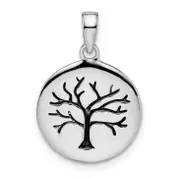 Sterling Silver Rhodium-Plated Oxidized Circle Tree Pendant
