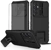 [Asuwish] Phone Case for Samsung Galaxy S23 FE 5G with Tempered Glass Screen Protector and Slide Camera Cover Kickstand Stand Slim Protective Mobile Cell Accessories S 23 EF S23FE 23S Women Men Black