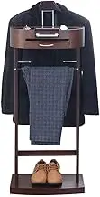 Clothes Valet Stand, Freestanding Solid Wood Clothes Valet Stand with Curved Wide Shoulder Hanger, Pants Bracket and Tray for Living Room Office Bedroom, 43.1 x 34.2 x 106.6 CM