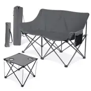 Outdoor Double Camping Chair + Folding Table Set, Loveseat Camp Grey Chair