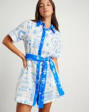 [Jag] Jag Women's Kilde Linen Shirt Dress In Ivory/blue Size 16 16 Blue
