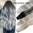 Invisible Tape In Remy 100% Human Hair Extensions Skin Wefts Grey Balayage Thick