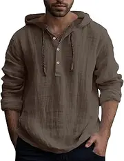 [Generic] Linen Shirts for Mens Long Sleeve Hoodies Button Up Drawstring Shirts Tops Summer Lightweight Beach Casual T-Shirts