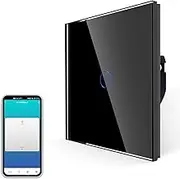 JIMEIDA Smart Touch Light Switch, No Neutral Required, Alexa Switch Work with Google Home, Timer, Multi-Way Control by Smart Life APP, Black Screwless Glass Plate and LED Backlight, 1 Gang