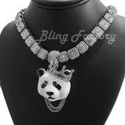 Silver Plated Alloy King Crown Panda 16" 18" Iced Cubic Zirconia Chain Necklace