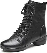 [ZHENSI] Women's Dance Boots High Top Leather Jazz Boots Split Sole with Side Zip Chunky Low Heel Latin Stage Shoes