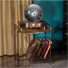 Wooden Turntable Stand with Vinyl Record Storage Antique Brown Metal Frame