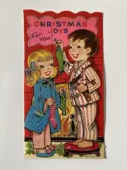 Kiddie Vintage Christmas Card Ornament Sparkly Fireplace Stockings Unused