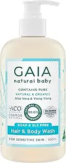GAIA Natural Baby Hair and Body Wash ; Certified Natural ; Suitable for Newborns ; Sensitive Skin formula ; organic Aloe Vera ; Soap Free ; Perfume Free ; Gentle Baby Wash ; Australian Made - 500ml