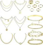 [Sanfenly] 17Pcs Gold Silver Jewelry Sets for Women Layered Necklaces Chunky Bracelets Knuckle Rings Women Jewerly Accessories