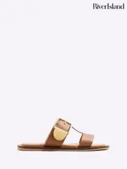 River Island Brown T-Bar Buckle Flat Sandals (F86658) | $92