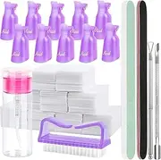 Gel Nail Polish Remover Kit, 500 Nail Remover Cotton Pad, 100ml Nail Polish Remover Bottle, Nail Brush, Cuticle Pusher, Cuticle Peeler, 100/180 Nail File, Buffer Block Purple