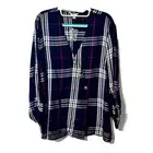 NWT Cato Women Blouse Top Blue XL Plaid V-Neck Front Button Roll Tab Sleeve
