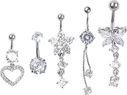 [ZHXGO] 5Pcs CZ Heart Butterfly Belly Button Dangle, 14G Surgical Steel Belly Button Bars, Hypoallergenic Belly Button Piercing, Cubic Zirconia Navel Button Rings, Curved Barbell Piercing for Women Girls, no,