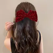 Sttiafay Vintage Large Bow Hair Barrette Red Bow Velvet Hair Clip Big Layered Bowknot Barrette Crystal Bow Velvet Satin Hair Clip Headpieces Winter Bow French Barrette Accessories