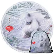 Blue Eyes Christmas White Unicorn Round Beach Towel