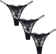 Maeau Spitze Tanga Damen 3er Pack G-String Stretch Strass Schlüpfer Transparent Mesh Dessous Slips Glitzer Sexy Unterhosen Höschen Lace String Pantys EU XS-L (Asie S-XL)