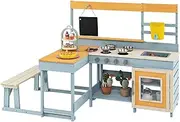 HONEY JOY Kids Pretend Play Mud Kitchen, 2-in-1 Outdoor Toy Kitchen & Dining Area w/Storage, Accessories, Seating Bench, Blackboard, Solid Wood Kids Kitchen Playset for Girls & Boys Ages 3+ Years Old