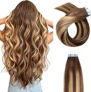 YILITE Tape in Hair Extensions Human Hair 12inch 20pcs 40g Balayage Dark Brown to Caramel Blonde, #P4-27-T4 Balayage Chocolate Brown to Caramel Blonde