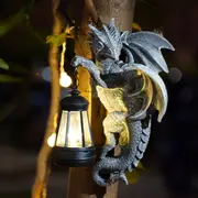 GGP Solar Powered Dragon Statue With Led Lantern Gothic Outdoor Wall Hanging Decor