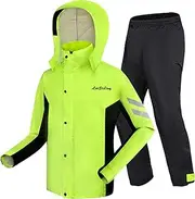 [KDOQ] Waterproof Hooded Rain Jacket Suit, Outdoor Anti-Storm Rain Gear Jacket & Trouser Suit, Lightweight Raincoats with Safety Reflective Strip for Adult Men and Women