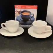 Krups Espresso Coffee Cup & Saucer Stoneware Set of 2 WHITE New in Box