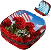 Period Bag,Sanitary Napkin Storage Bag,American Flag and Flowers,Tampon Bag for Purse