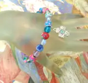 New OOAK Fimo Clay Glass Beads Antique Silver Cross Religious Stretch Bracelet