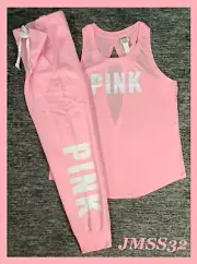 Victoria's Secret Pink Open Back Tank Top + Jogger Pants Set Pink Daisy Logo L