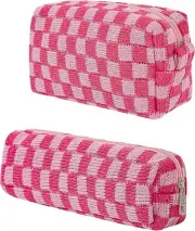 2Pcs Checkered Makeup Bag Knitted Cosmetic Bag,Large Capacity Makeup Bag and 1Pc